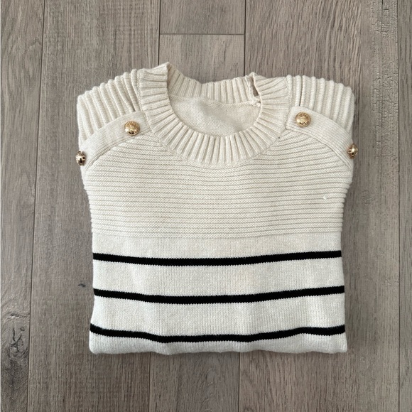 Sweaters - Striped Cream and Black Striped Sweater with Gold Button Accent
